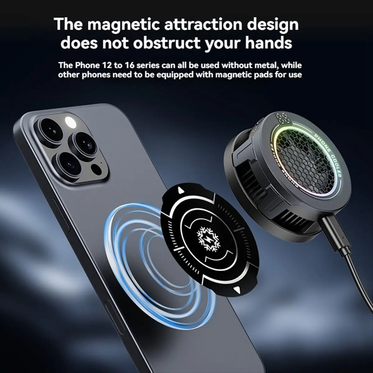 T127C-Magnetic Phone Cooler Low Noise USB Cooling Fan with RGB Light Smart Temp Control Cooling Fan for Game Cooling HOT