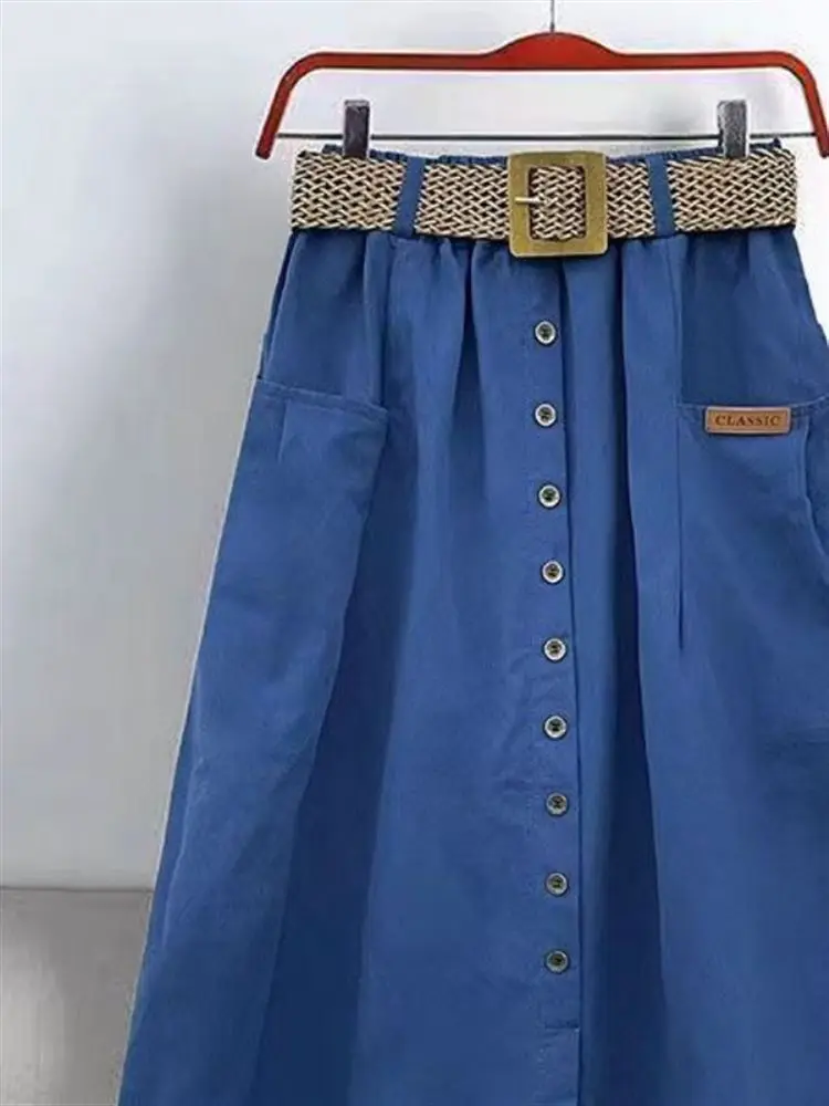 

Модная джинсовая юбка с высокой талией, цветная, с разрезом, средней длины, А-силуэт, женская, премиум-качество