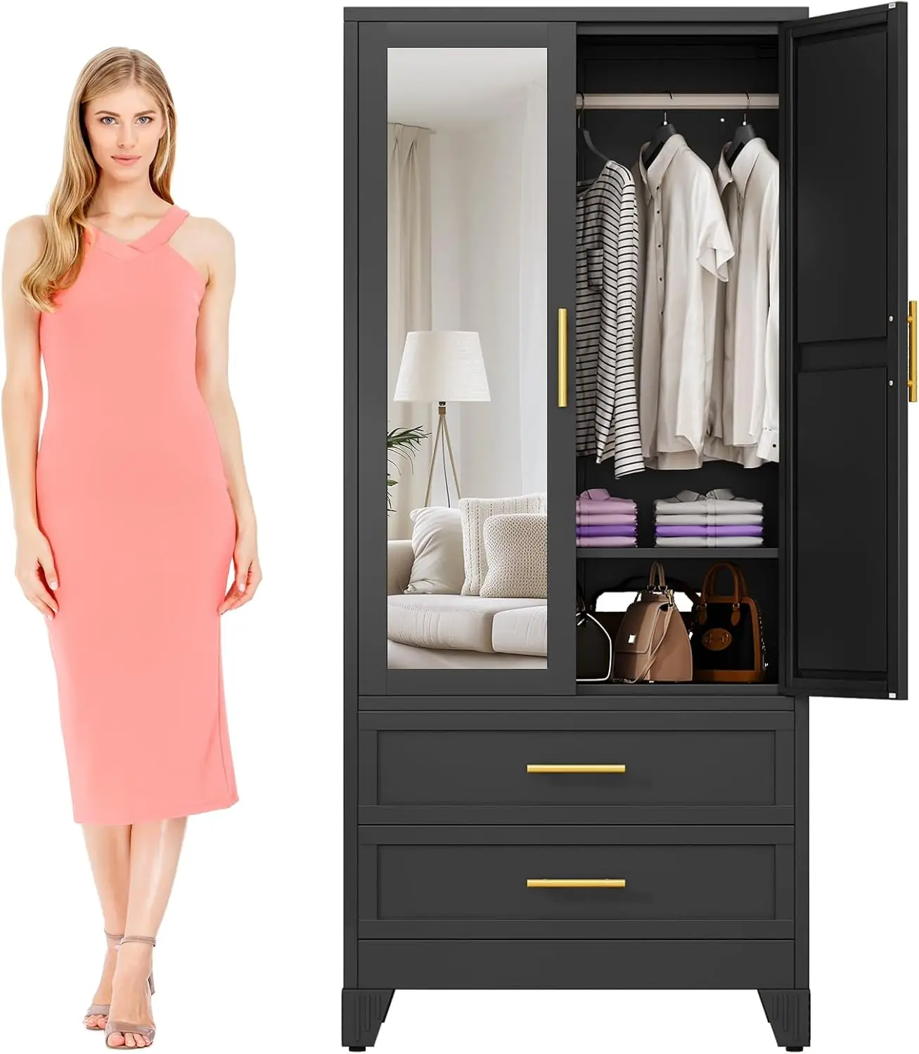 

2 Doors Armoire Wardrobe Closet Storage Cabinet with Mirror,71''Wardrobe Hanging Rod Metal Closet Adjustable Shelf and 2 Drawers