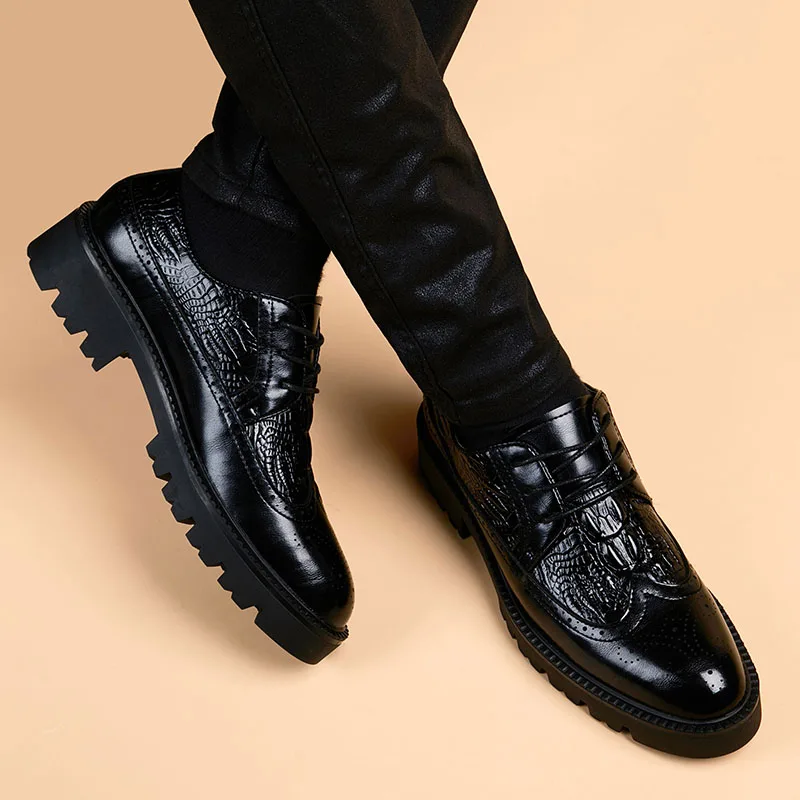 men luxury fashion party nightclub dress genuine leather shoes crocodile pattern brogue shoe black trend gentleman footwear mans