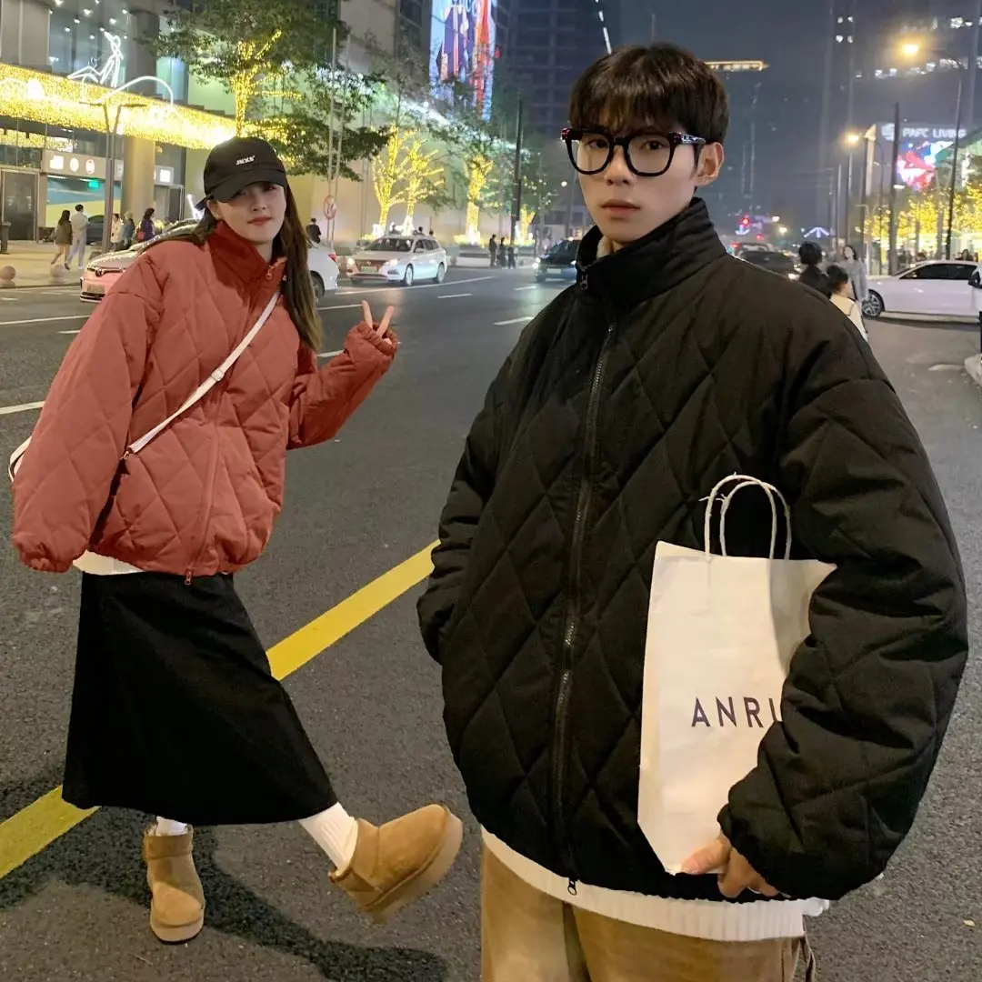 

HuaCheng мужское хлопковое тюлевое пальто с воротником-стойкой и ромбовидным узором, повседневное свободное зимнее пальто, модное парное пальто с хлопковой подкладкой