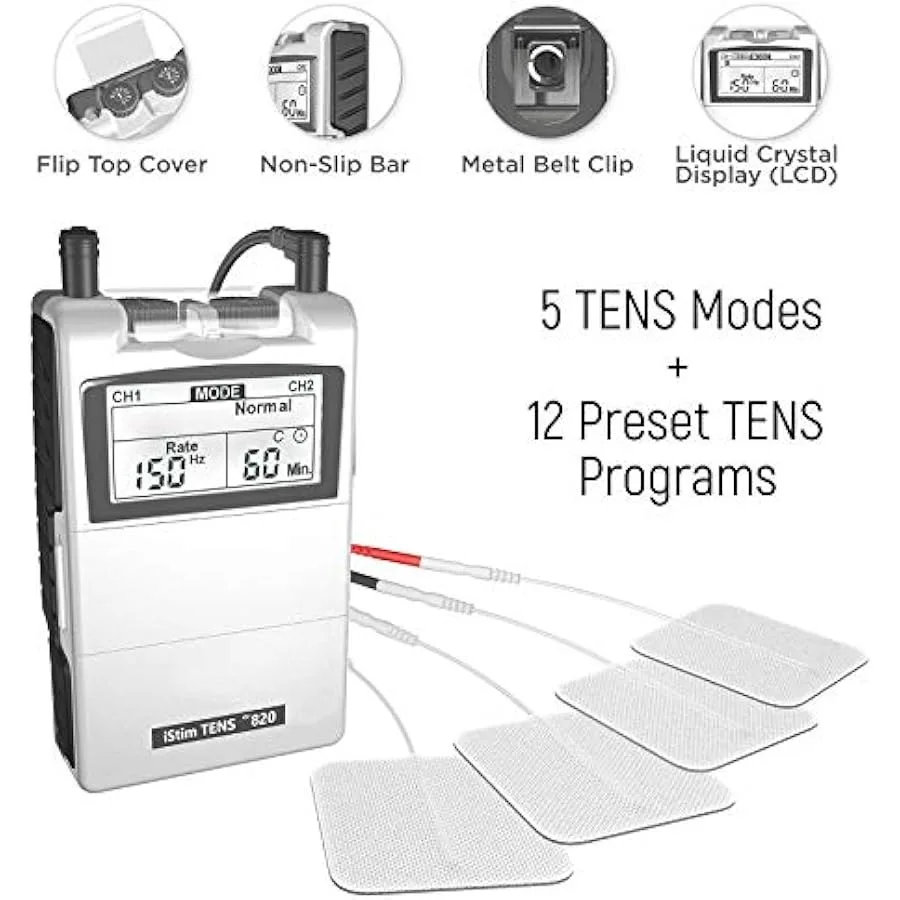 iStim Tens 유닛 자극기 - EV820 (8개 전극 포함) 일본산 젤, 통증 관리, 허리 통증 및 재활용