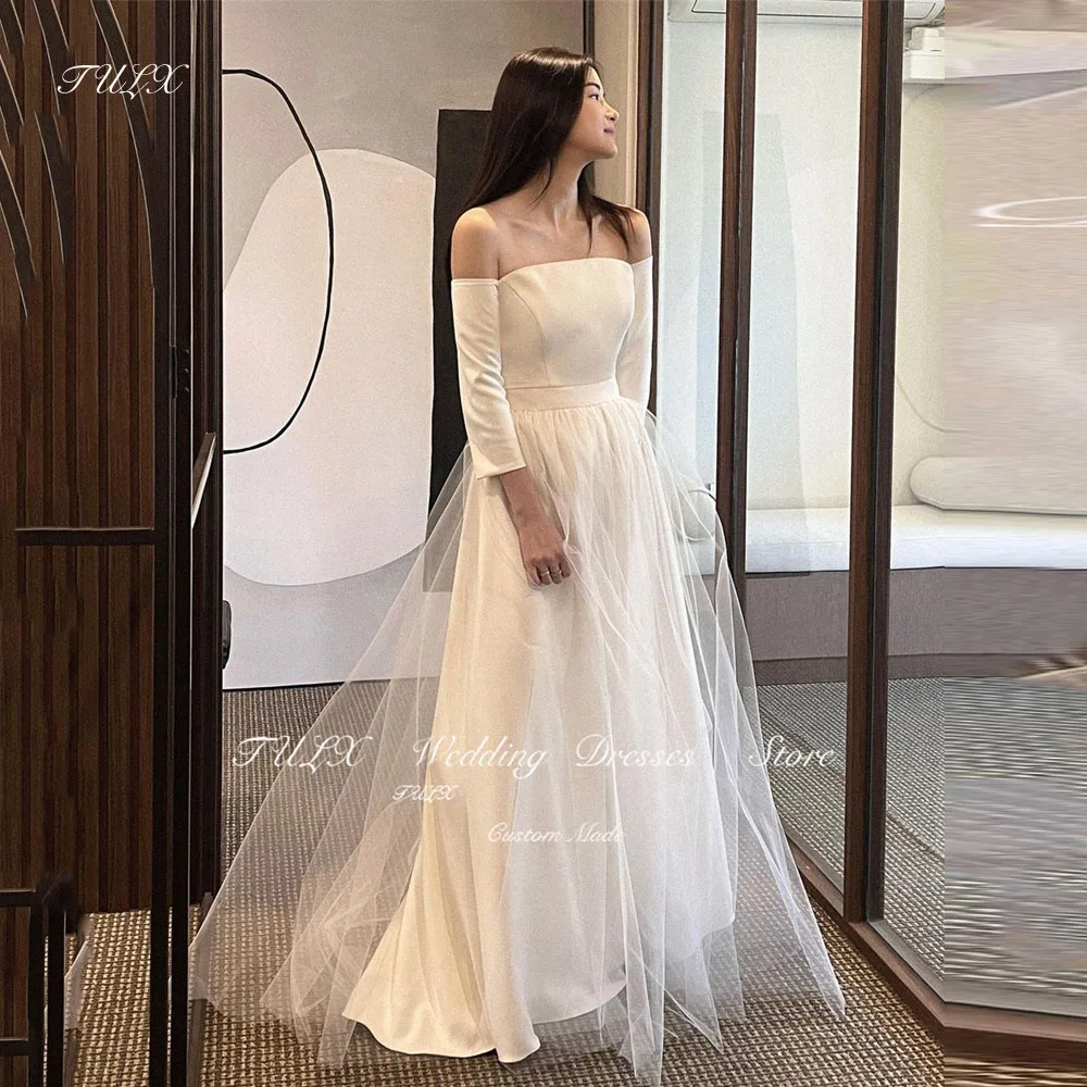 

TULX Simple Strapless Korea Aline Wedding Dresses Off The Shoulder Long Sleeves Bridal Gown Vintage Belt Bride Dress Custom Made