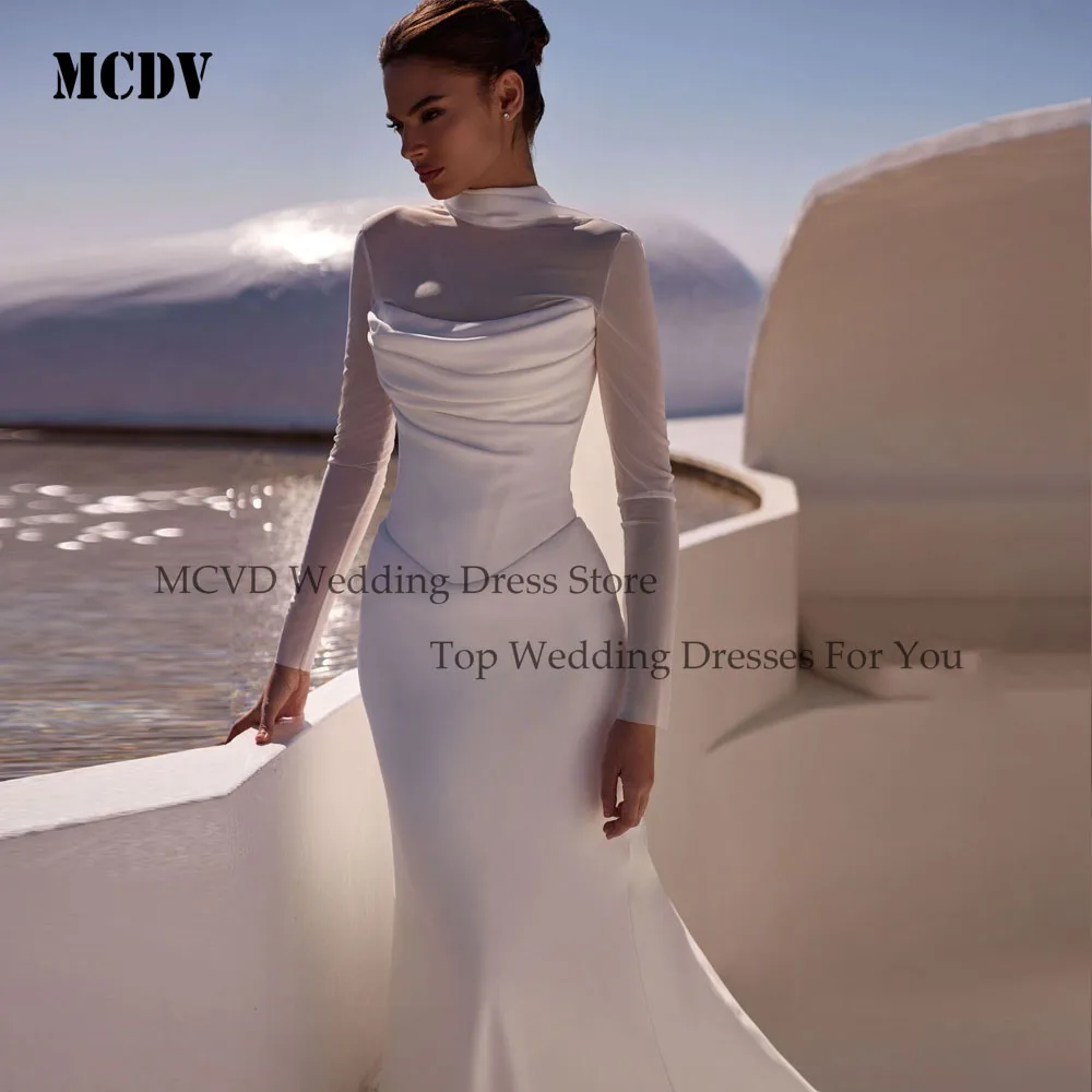 فساتين زفاف MCDV مخصصة بدون حمالات بطيات 2025 حورية البحر بأزرار خلفية بدون أكمام من الساتان فستان العروس عاجي فيستدوس دي نوفيا