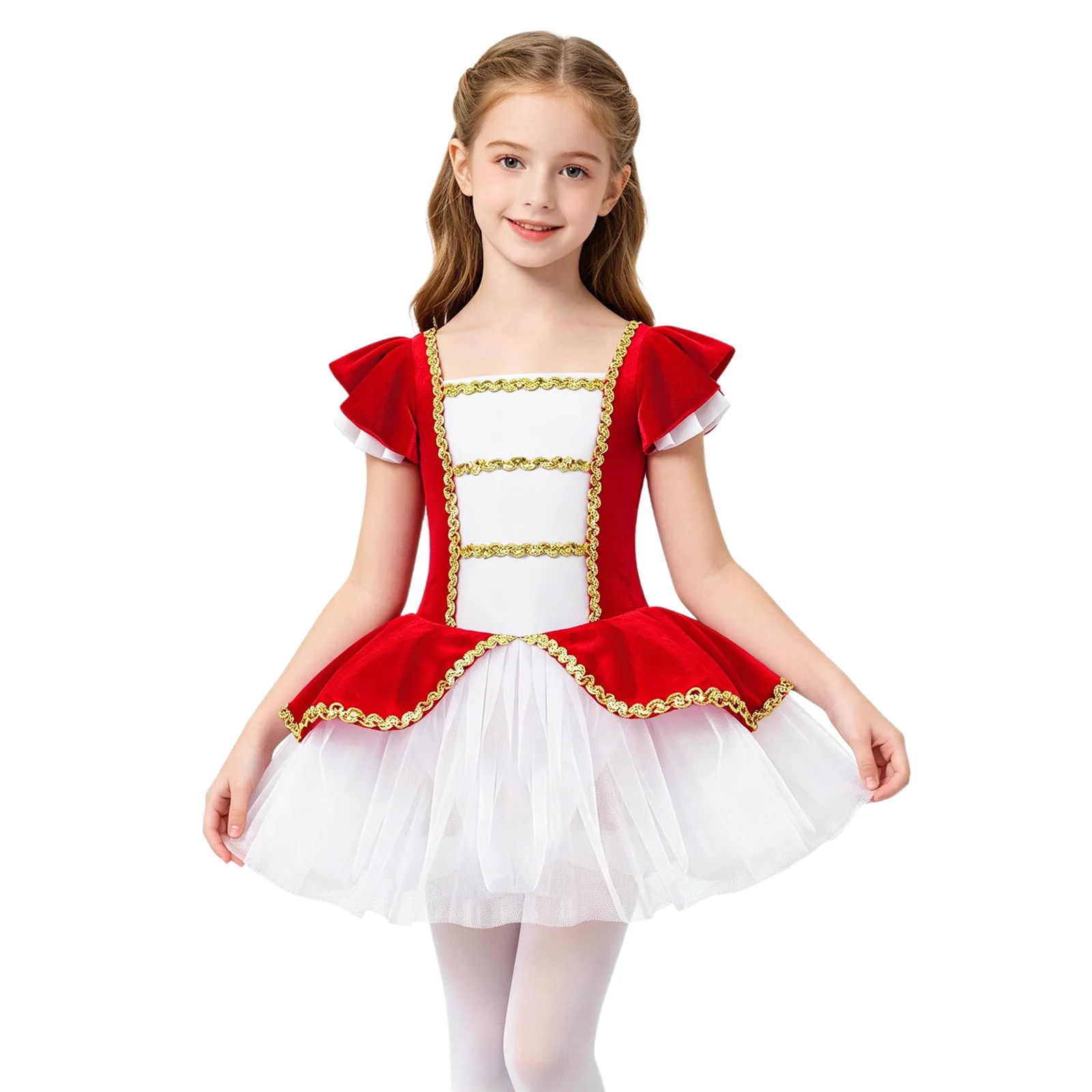 Kids Girls Velvet Ballet Tutu Performance Costume Short Sleeves Dance Jumpsuit with Sequins Adorned Mesh Hem Christmas Dress