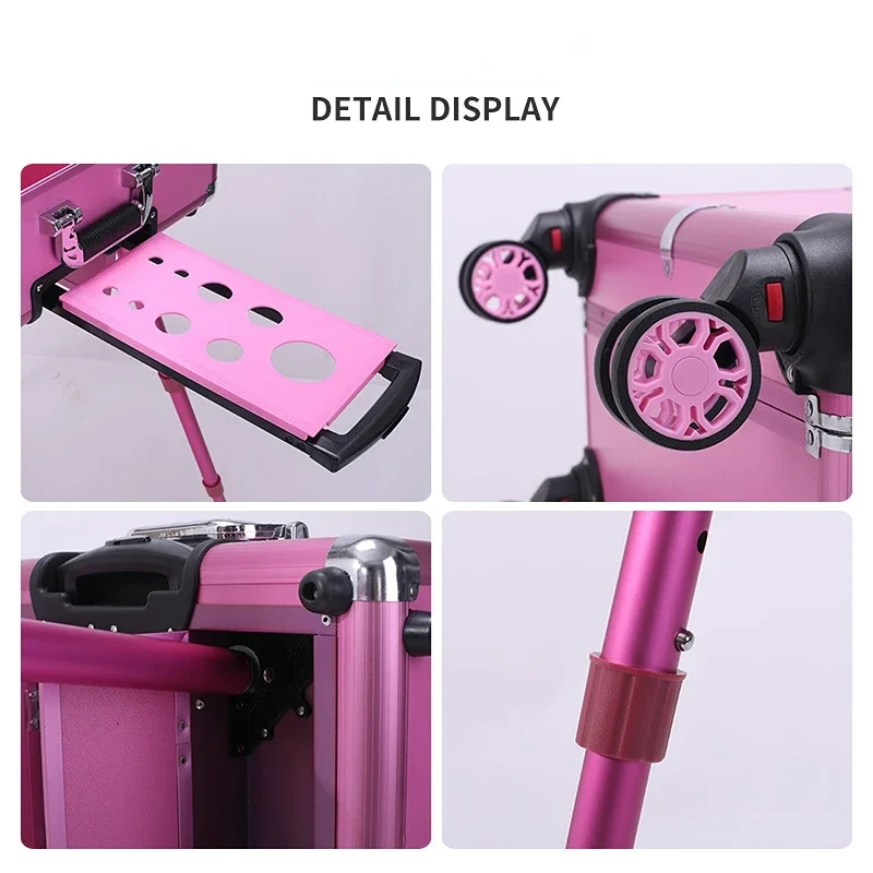 Valise à cosmétiques Trolley de grande capacité, bagage à roulettes professionnel, boîte à outils de maquillage, miroir lumineux LED, beauté des ongles, valise de tatouage