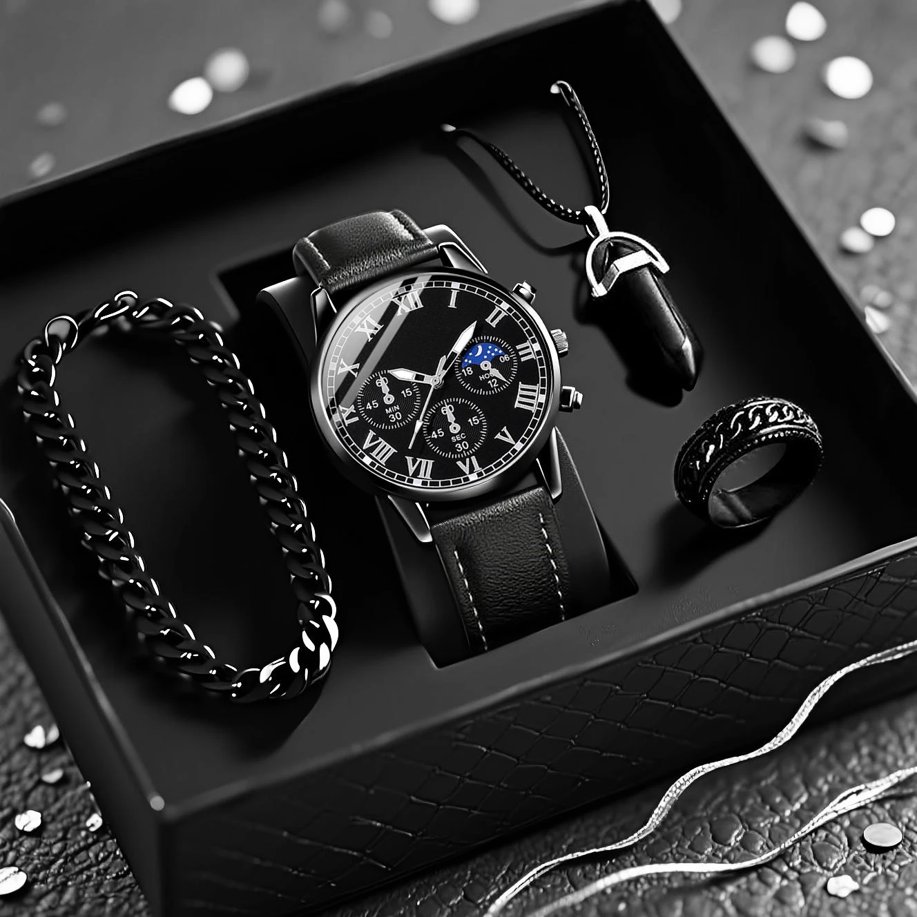 4pc men's fashionable quartz watch and versatile accessory set for daily wear as gifts for friends and family