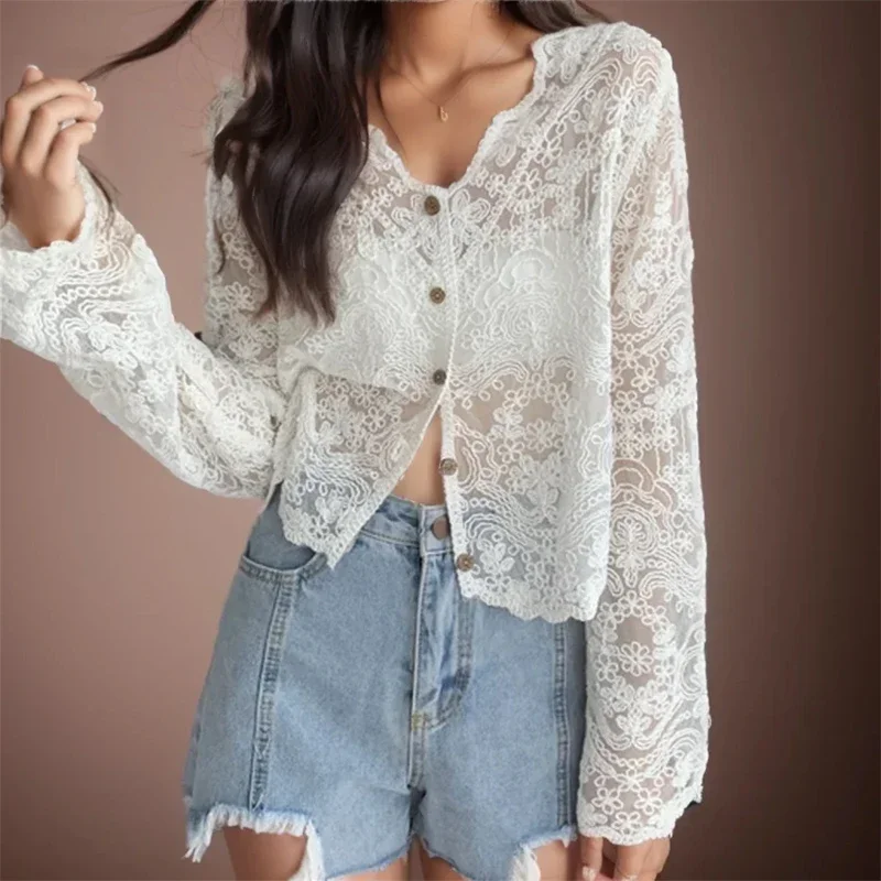 ITOOLIN Women Buttons Up Cardigan Top Flare Sleeve Tee V-Neck Ruffles Sweet Shirt Summer Lace Hollow Transparent T-shirts 2024