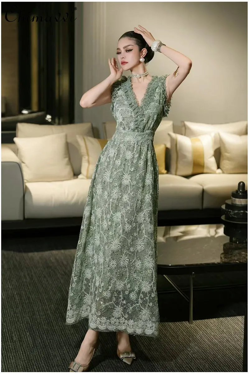 

2026 Spring French Elegant Socialite Long Dress V-neck Sleeveless Sequin Mesh High Waist A-line Fashion Evening Dress for Women