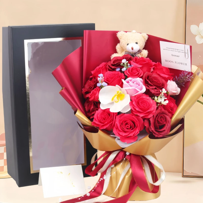 Valentine's Day Birthday Graduation Gift Eternal Rose Bundle Teddy Bear for Girls Companion Gift Premium Soap Bouquet for Mom