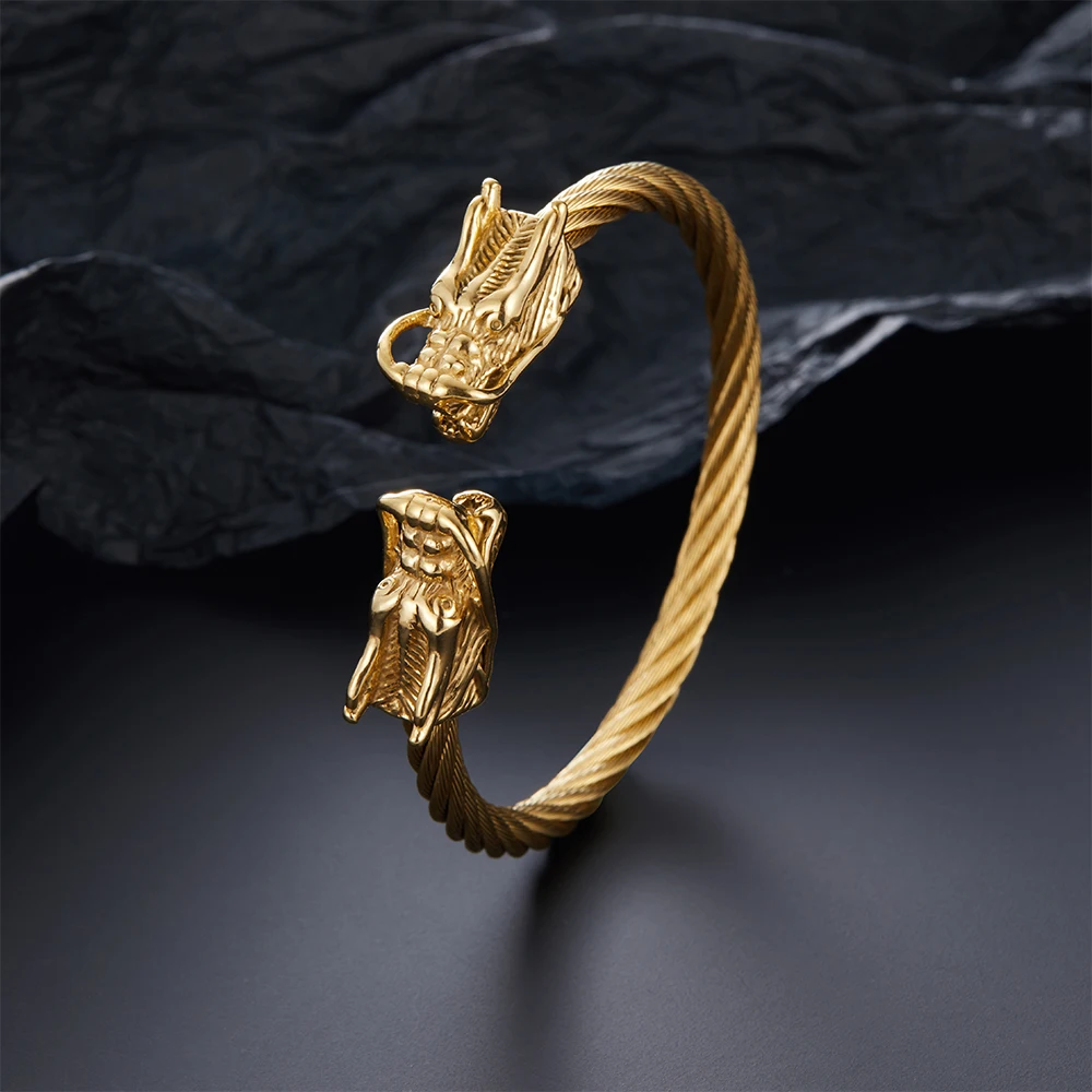 316L Stainless Steel 18K Gold Plated Twisted Wire Open Cuff Bangle Double Dragon Tip Bracelet Oriental Vintage Jewelry For Men=