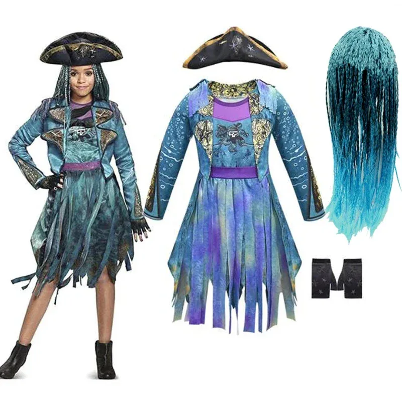 Descendentes 3 mal berta malficent cachos ao vivo mal em linha reta azul crianças meninas cosplay boné vestido traje de halloween para crianças peruca