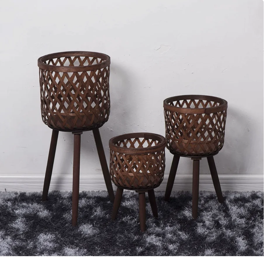 Hand Woven Flower Pot Tripod Stand Rattan Pot Hand-woven Wood Pastoral Flower Baskets for Balcony Planters Home Indoor Decor