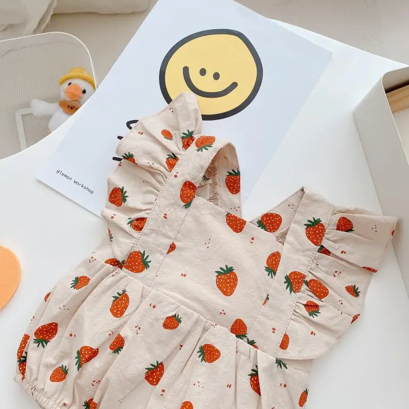 2023 NEW IN Summer Infant Newborn Princess Fly Sleeve Strawberry Print Outfits Kids Baby Girls Jumpsuits Outwear Bodysuits