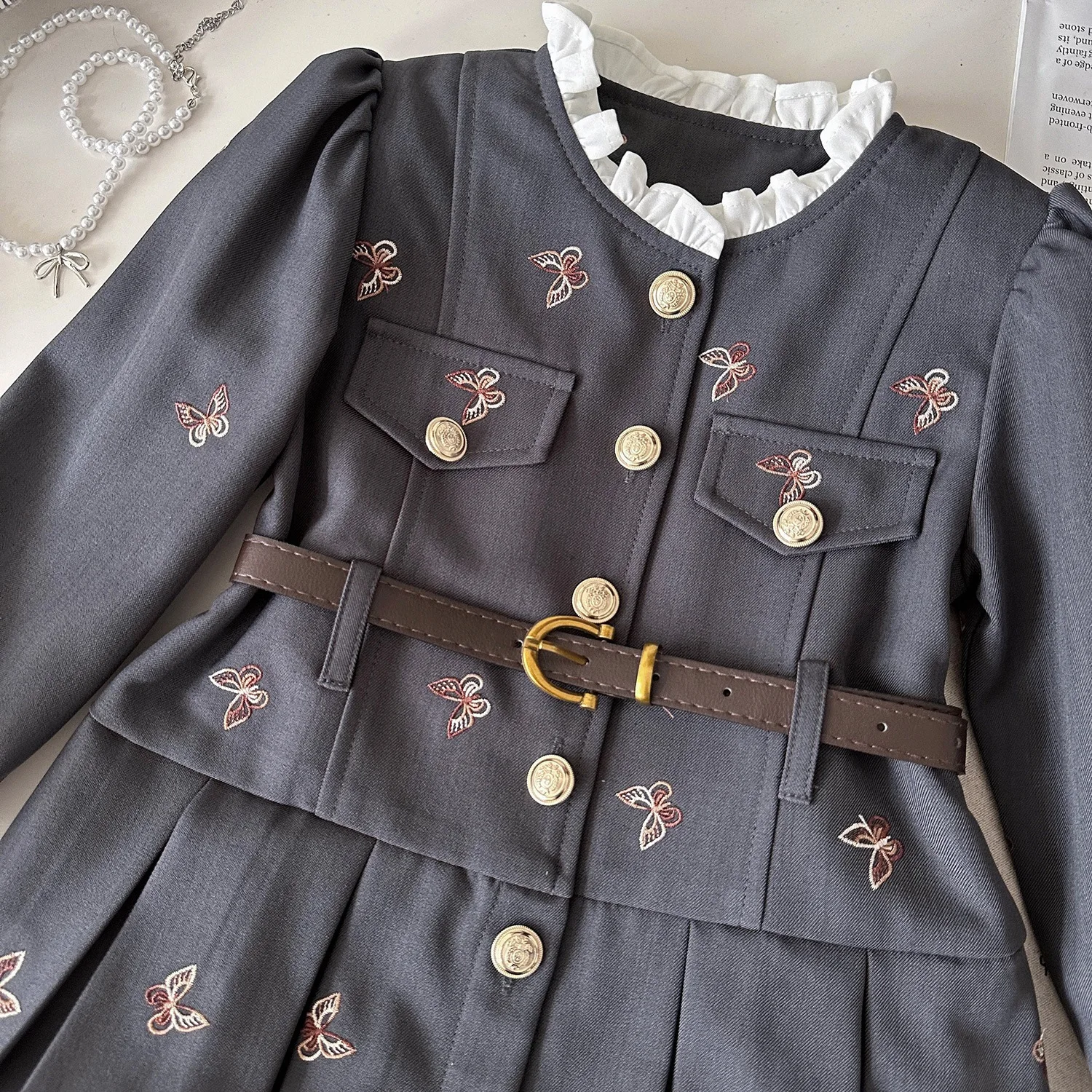 Girls Dress 2025 Autumn New Style Stylish and Fragrant Long Sleeved Slim Fit Skirt with Butterfly Embroidery Decoration