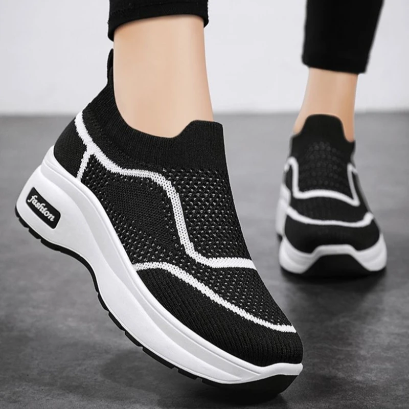 Women Platform Sock Sneakers Breathable Slip on Thick Sole Casual Shoes Fashion Height Increasing Walking Trainers