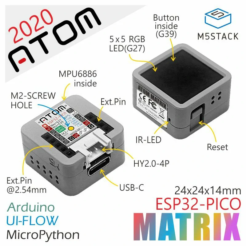 Официальный комплект разработки ATOM Matrix ESP32 M5Stack Встроенный терминальный контроллер MPU6886 ESP32 на базе PICO для Интернета вещей