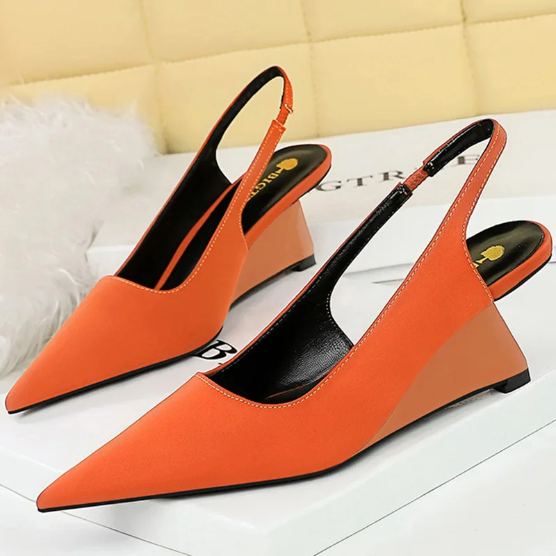 BIGTREE Korean Women Orange Green 6.5cm High Heels Wedges Slingback Sandals Designer Pointed Toe Back Strap Pumps Party Shoes