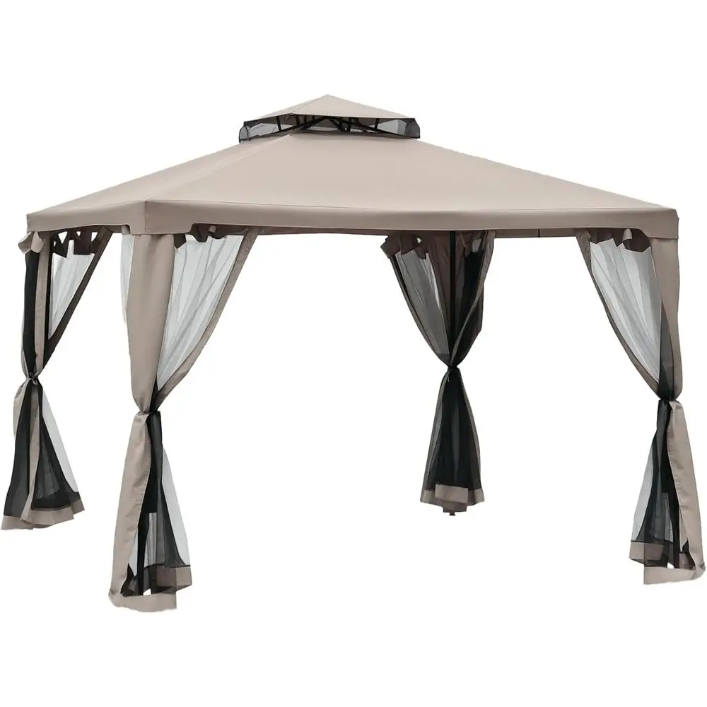 

9.6' x 9.6' Outdoor Gazebo with 2-Tier Roof and Mosquito Netting, Steel Frame for Garden, Lawn, and Deck, Taupe
