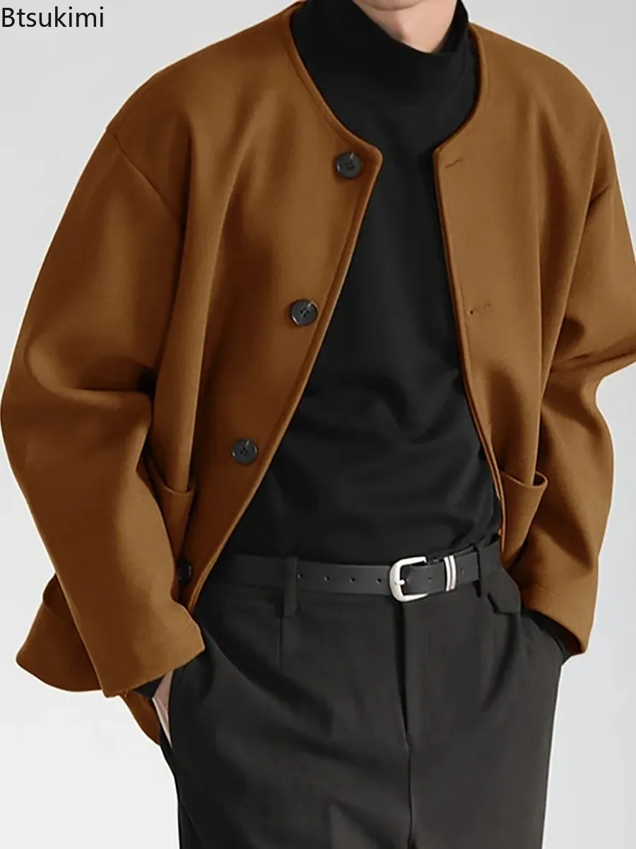 

Популярные двусторонние куртки в корейском стиле для мужчин, легкие роскошные однотонные модные шерстяные пальто на пуговицах с вырезом, мужские куртки для отдыха