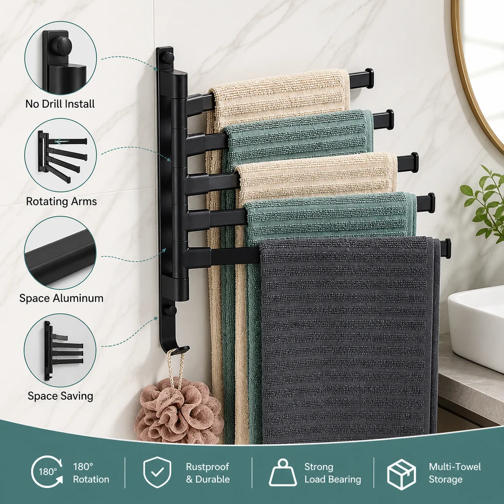 Aluminum Wall Mounted Towel Rack Swing Arm Foldable Swivel Towel Shelf Black No Drill Installation Towel Holder Hanger
