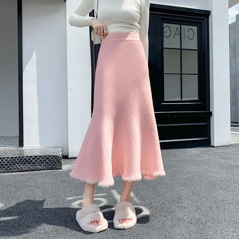 

Корейская новая юбка с кисточками «рыбий хвост» с высокой талией, вязаная юбка средней длины, осенне-зимняя одношаговая юбка трапециевидной формы