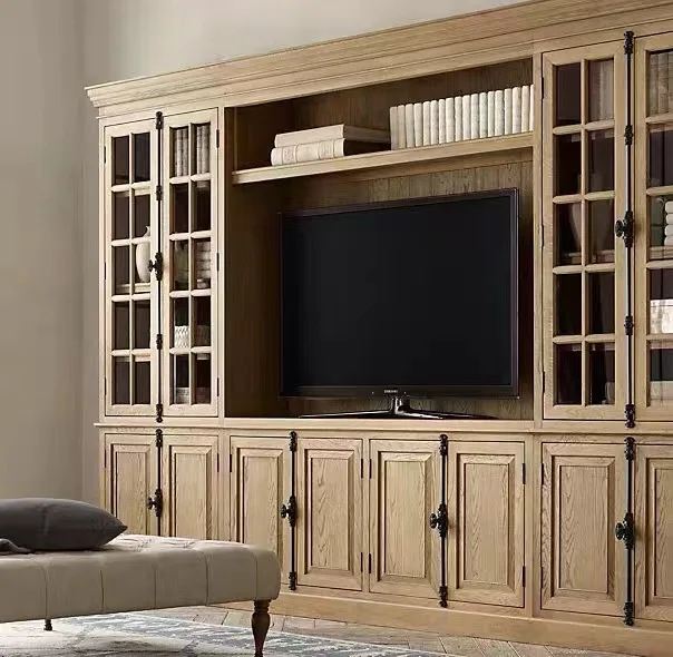 Solid wood TV cabinet Background wall decorative cabinet Wall cabinet Log oak bookcase