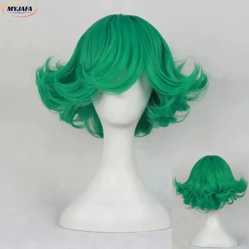 ABC123 أنيمي Senritsu لا تأثيري Tatsumaki شعر مستعار 30 سنتيمتر قصيرة مجعد الأخضر مقاومة للحرارة الشعر الاصطناعية Anx ؛ 3 ، f'6 ، h.7;j #2