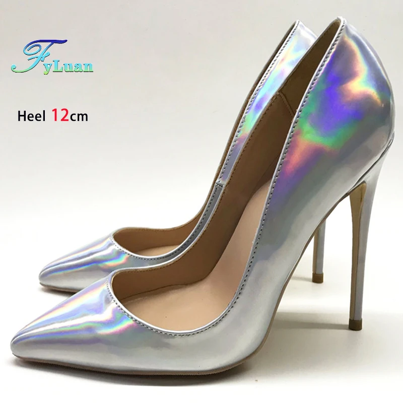 Glossy Stiletto Wedding Bridal Shoes Women Sexy Stage Show Shoes Leather Shallow Fashion Pointed Toe Laser Silver High Heels 45