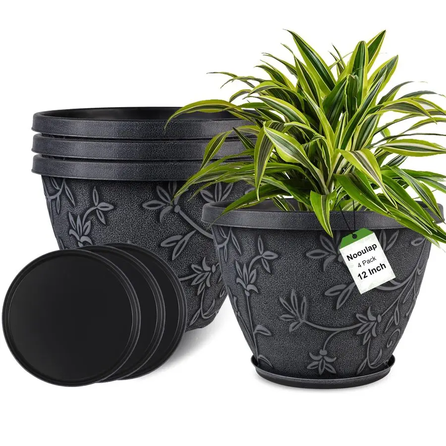 

Набор из 12 больших цветочных горшков (12 дюймов) для улицы и дома, пластиковые кашпо с дренажным отверстием и поддоном, современные декоративные садовые горшки