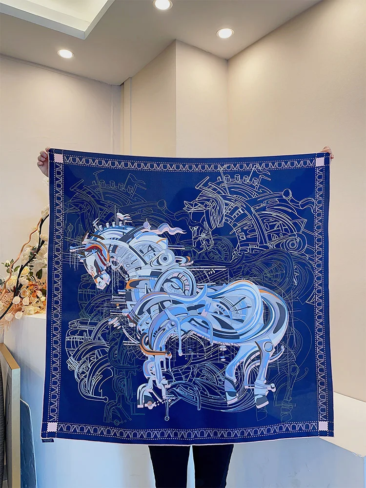 Blue Horse Print 90cm Silk Scarf Mulberry Square Hem Roll Shawls Luxury Designer Bandana Silk Twill Neck Hair Scarves