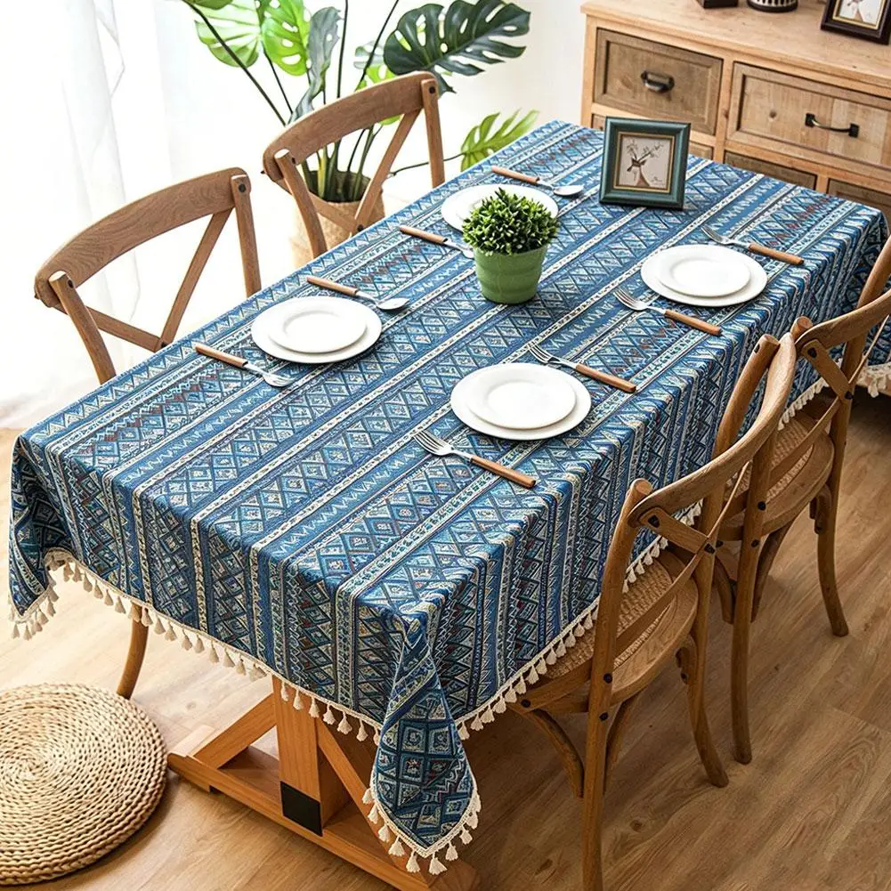 Vintage Bohemian Striped Dining Table Cloth Ethnic Style Cotton Blend Tablecloth With Lace Edge Dustproof Cover For Home