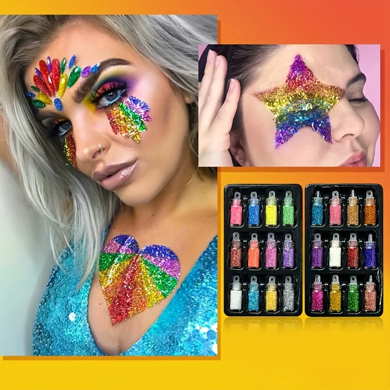 24-Color Glitter Temporary Tattoo Set,Includes Glue,Templates,Makeup Brushes,Body Make-Up Glitter Set,Stage Glitter Makeup