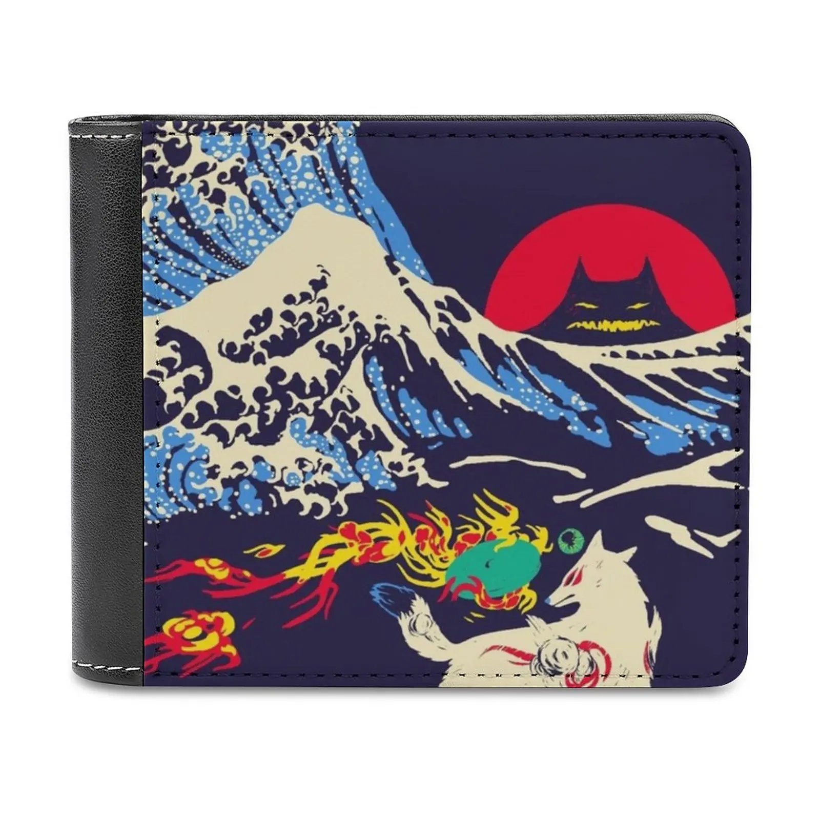 The Great Wave Off Oni Island Leather Wallet Men Classic Black Purse Credit Card Holder Fashion Men's Wallet Okami Amaterasu