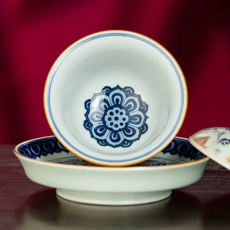 Xunzhen Tang Great Beauty Dunhuang Serie Antique-Style Blue White Gold Silver Inlay Buddha Image Tea Set With Gaiwan And