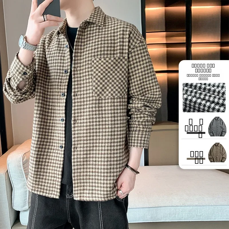 

Модная мужская рубашка с длинным рукавом, свободного кроя, с узором, осень 2024, новинка, молодежная повседневная одежда, смесовая ткань из полиэстера и хлопка