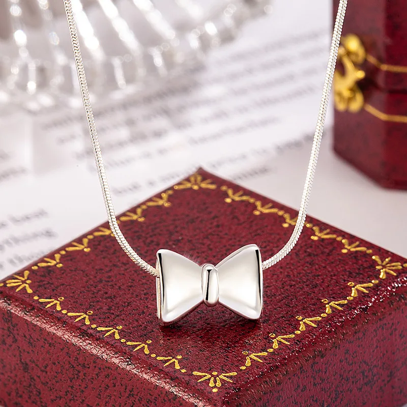 Korean Version Cute Bow Necklace Fashion Snake Bone Chain Necklace for Young Girls 925 Silver Collarbone Chain KOFSAC