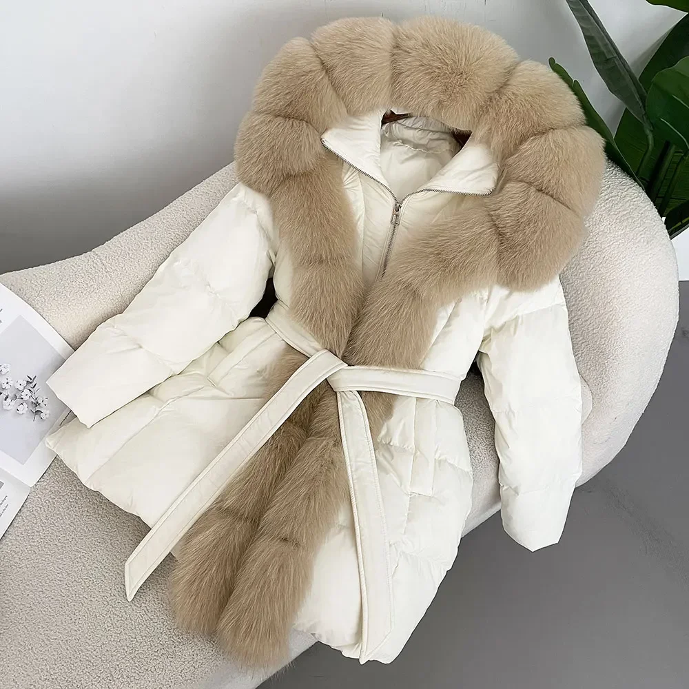 Luxuriöse Winter Frauen Mantel Echte Natürliche Fuchs Pelz Kragen Dicke Warme Jacke Casual Weiße Ente Unten Outwears Mid-länge streetwear