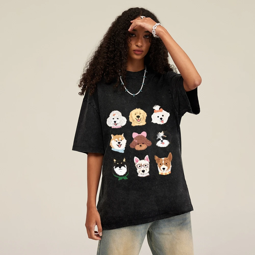 

Женский хлопковый топ Cutecore Y2KCasual - ChicTrendy, потертая серая футболка с очаровательным дизайном собачьих лица, негабаритная стираная футболка
