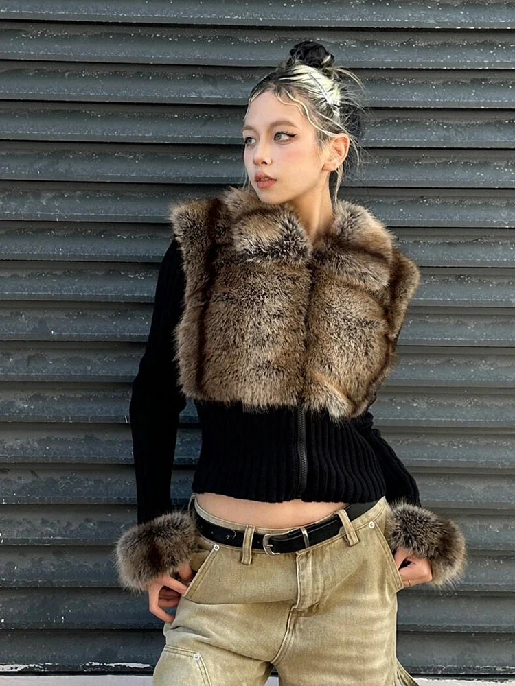 Roriri preto malha fuzzy camisola cardigan outono inverno zip up ponto punhos de pele do falso manga longa topo gyaru y2k roupas femininas