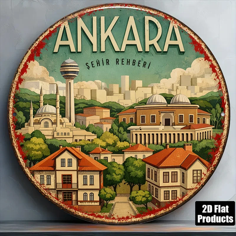 2D Flat Round Sign, Vintage Plaque Featuring Ankara Cityscape, Turkish Travel Souvenir Decorative Sign
