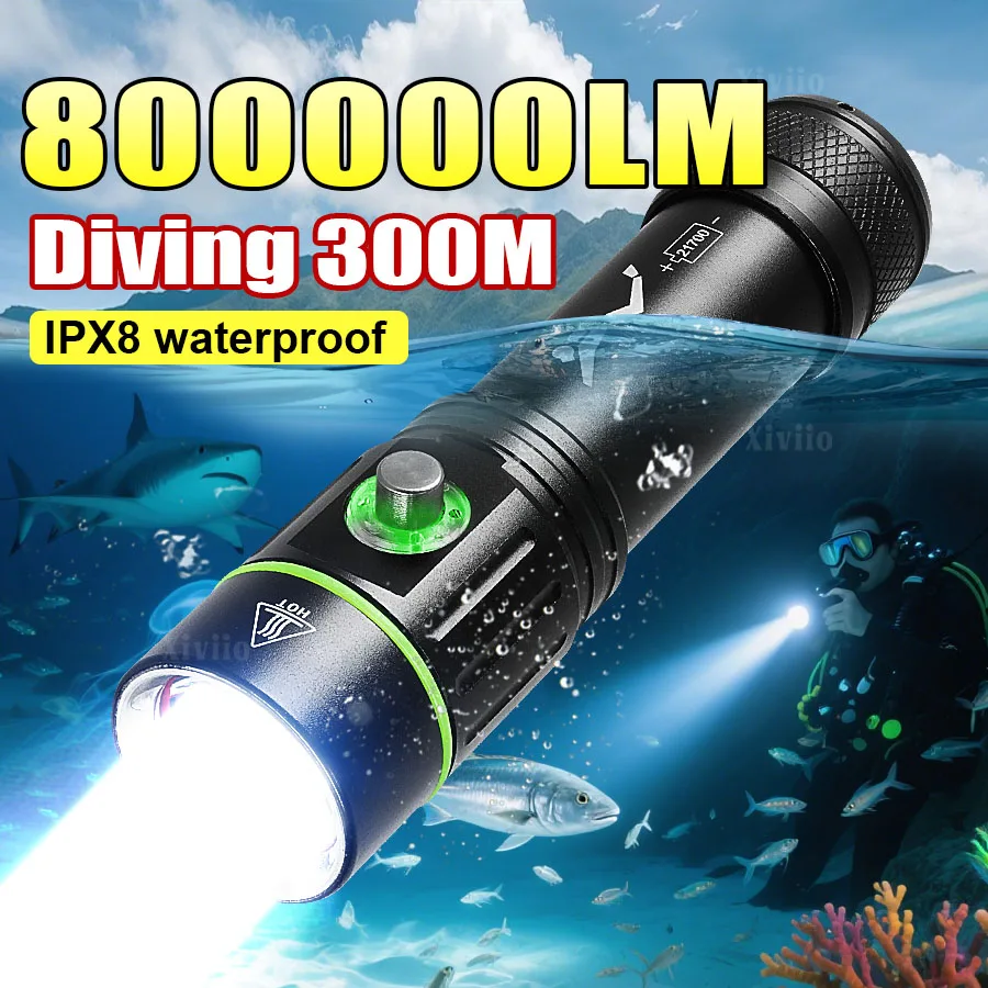 

800000LM Professional Diving Flashlight Scuba Diving Torch IPX8 Waterproof High Power LED Flashlights 18650 Underwater Lamp