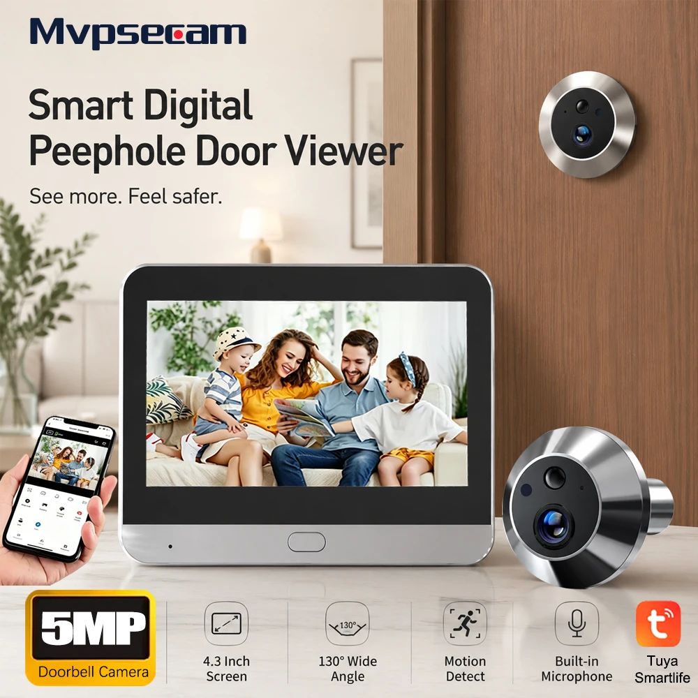 5MP WiFi Peephole Tuya Smartlife Video Doorbell Camera Security One-Way Audio Night Vision 4.3' HD Video Doorbell Eye Cat Camera