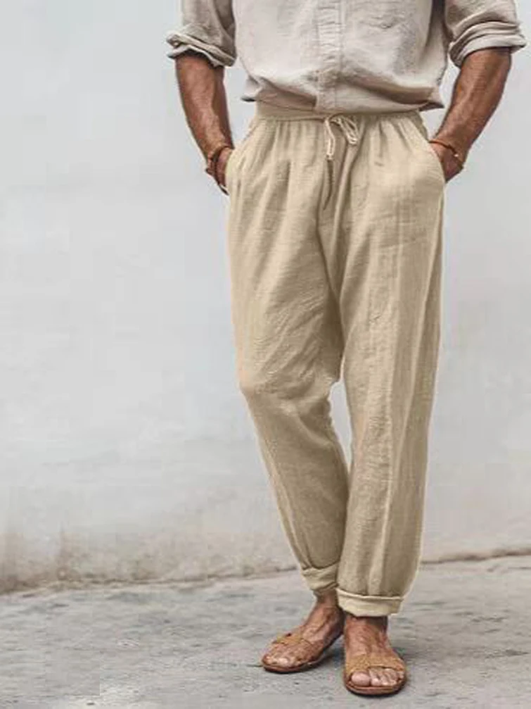 

Мужские повседневные брюки из хлопка и льна в стиле ретро, свободные прямые длинные брюки, однотонные, универсальные, рабочая одежда, дышащие, для отдыха, модные