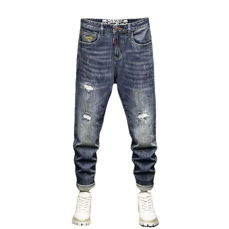 Fashion Designer Men Jeans High Quality Retro Blue Elastic Slim Fit Ripped Jeans Men Trousers Patched Vintage Denim Pants Hombre