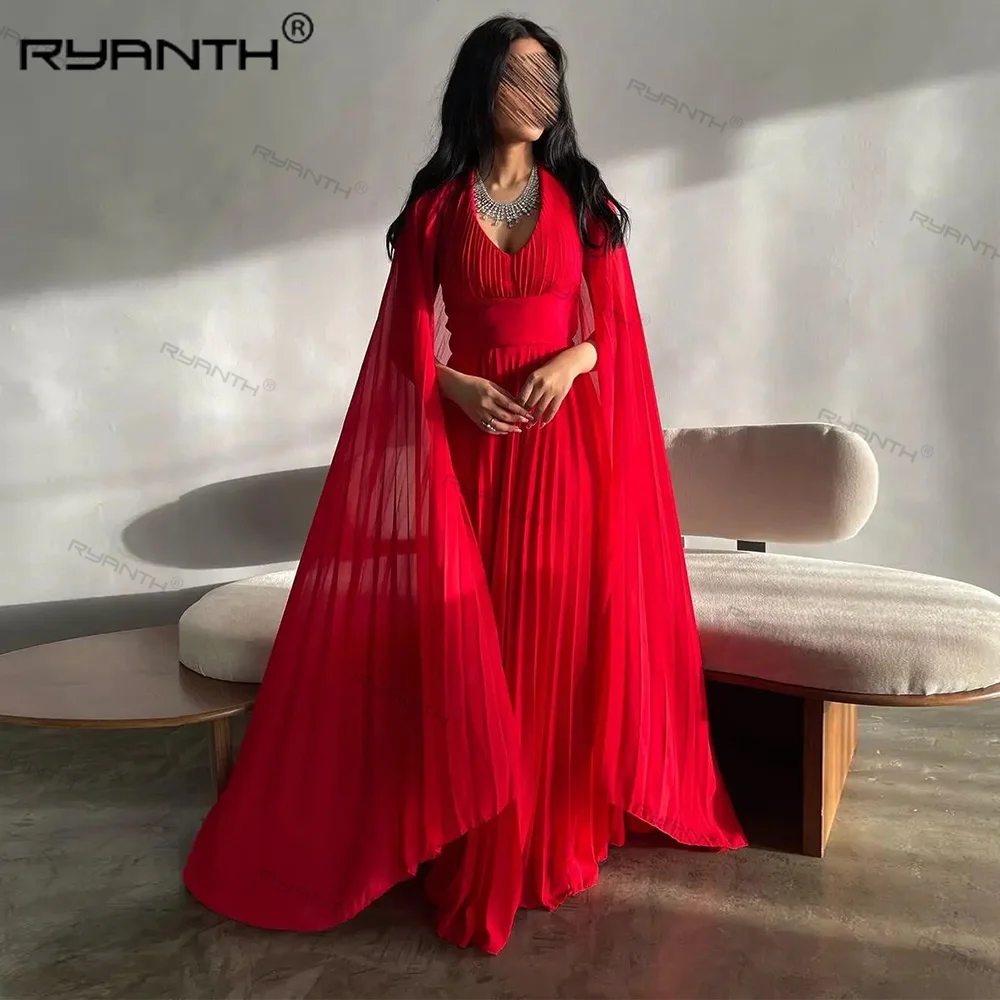 Red Chiffon Evening Dresses for Women A-Line Elegant Party Formal Prom Dress Suadi Arabic vestidos de noche Special Events