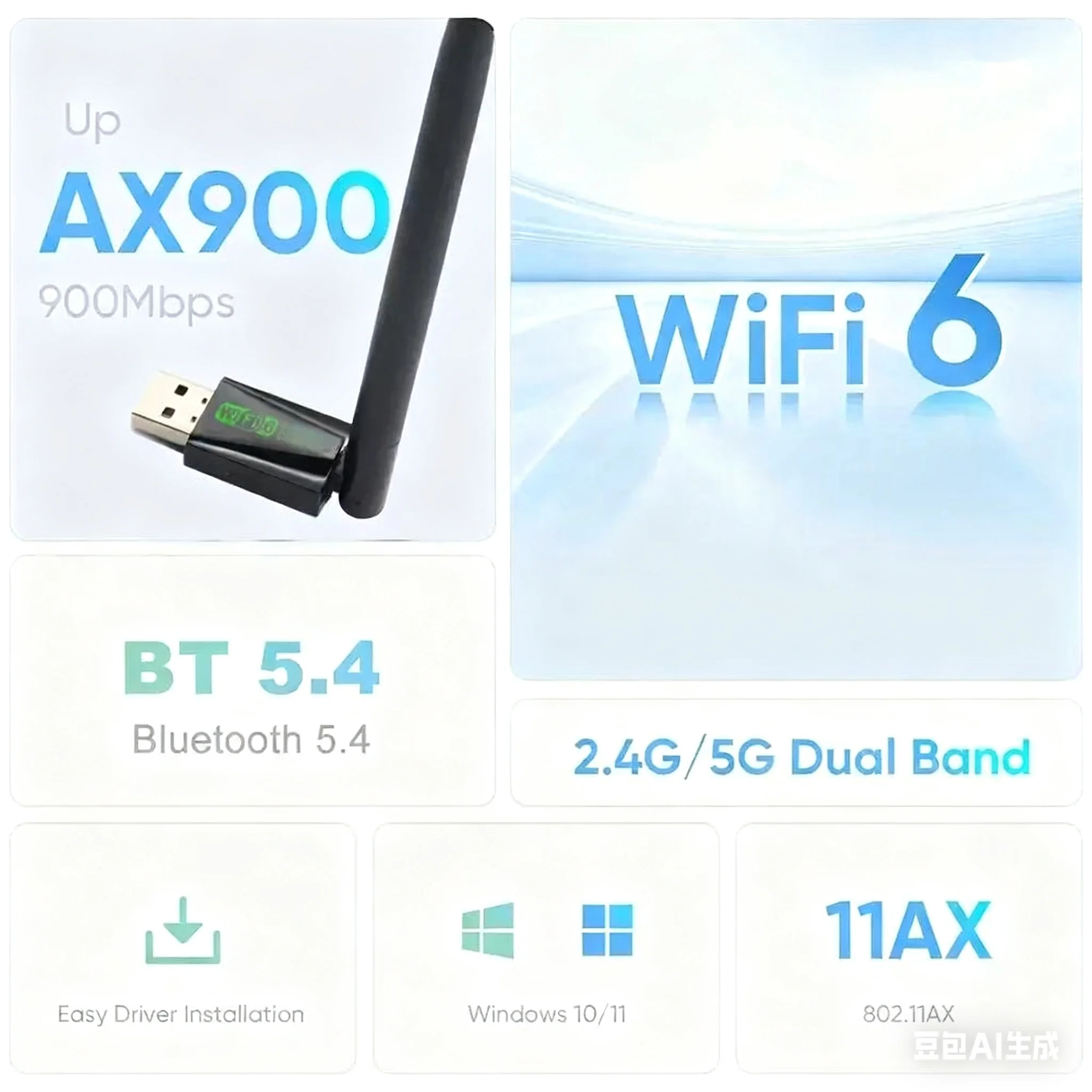 WiFi 6 USB 어댑터 900Mbps 블루투스 5.4 AX900 USB 동글 무선 네트워크 카드 듀얼 밴드 2.4G 5G 이더넷 리시버 드라이버 불필요
