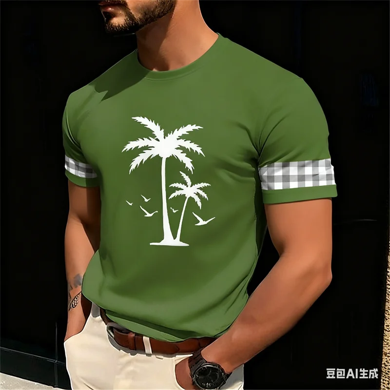 

3D Coconut Tree Graphic Men's T-shirt Minimalist Plaid Print O-neck Short Sleeve Top Summer Daily Casual Breathable Men Clothing