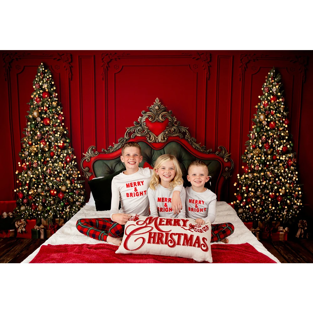 Christmas Photography Backdrop for Regal Red Green Headboard Background Xmas Tree Gift Decor Kids Portrait Photo Studio Props