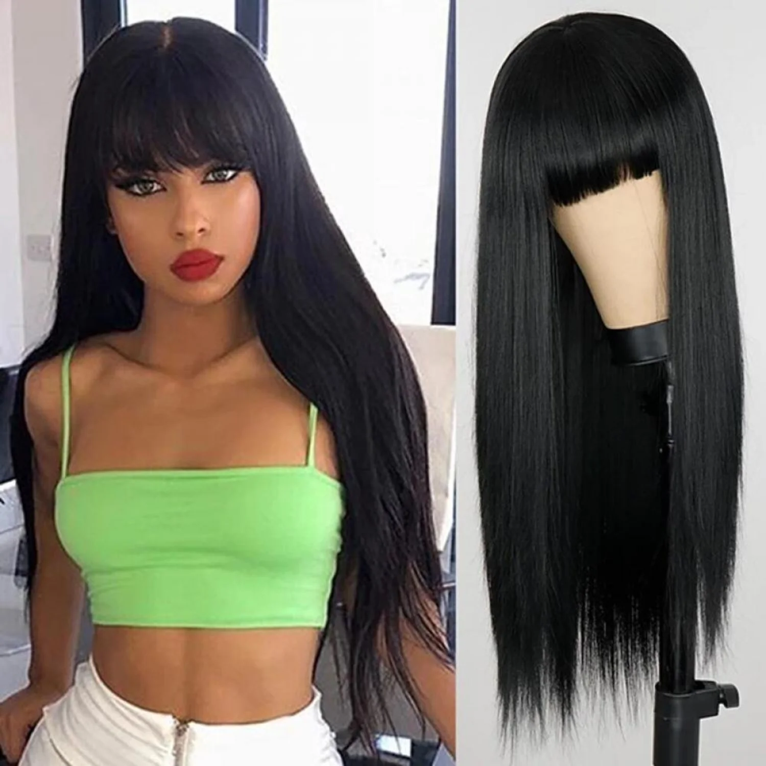 

Clearance Sale: 25" Long Straight Wig with Bangs, Soft Natural Color Chemical Fiber Hair Headgear for Women - Black